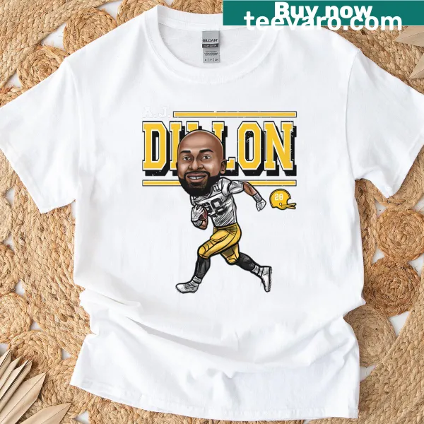 Cartoon-style Aj Dillon Green Bay T-shirt featuring a playful illustration.