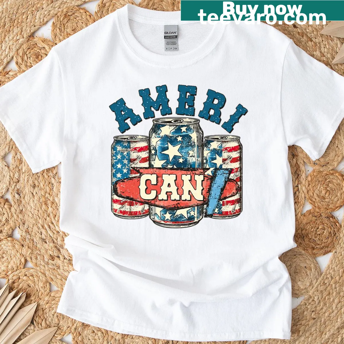 Cartoon beer can with stars and stripes for July 4th — on a men's t-shirt