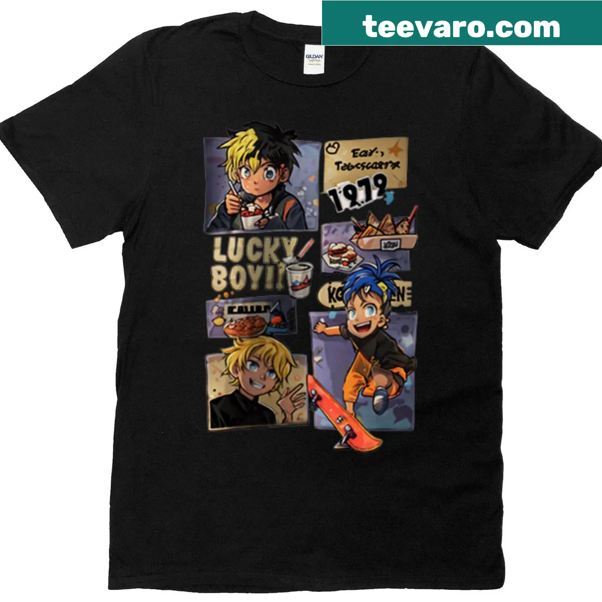 Cute anime-style t-shirt with cartoon art — on a men's t-shirt
