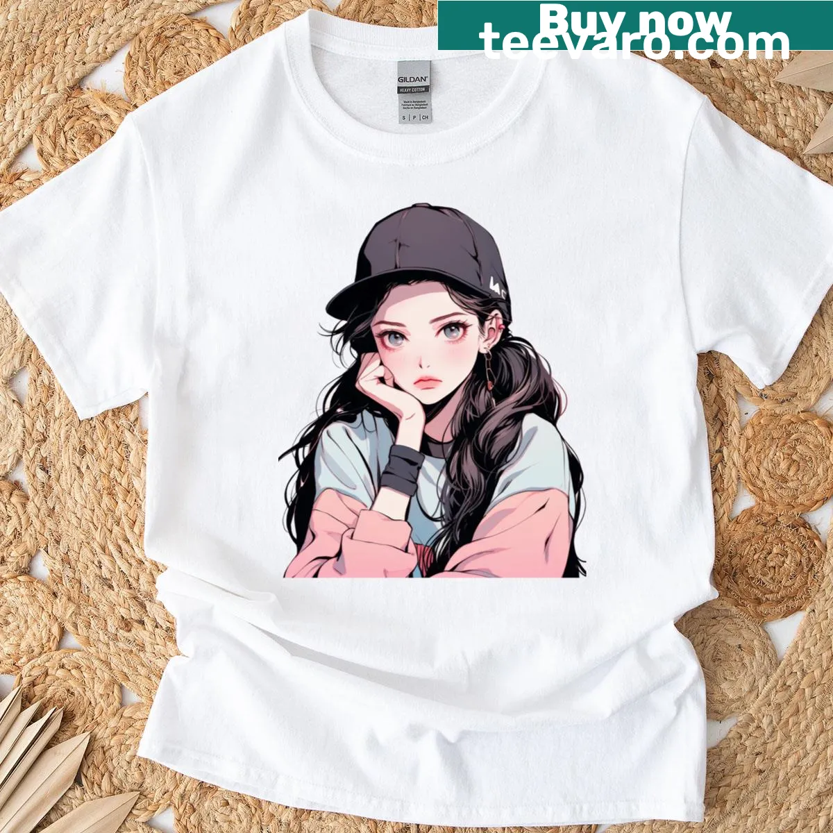 Anime female character illustration t-shirt — on a men's t-shirt