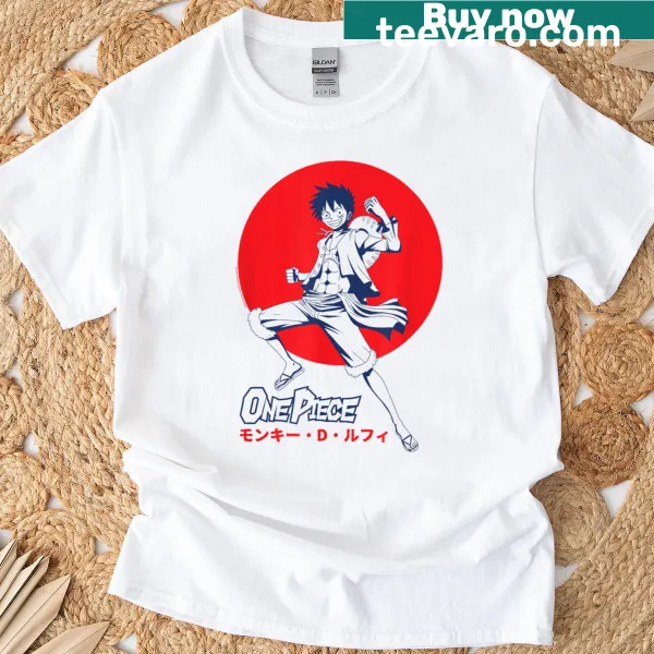 Action pose of Luffy D Monkey on a casual T-shirt.