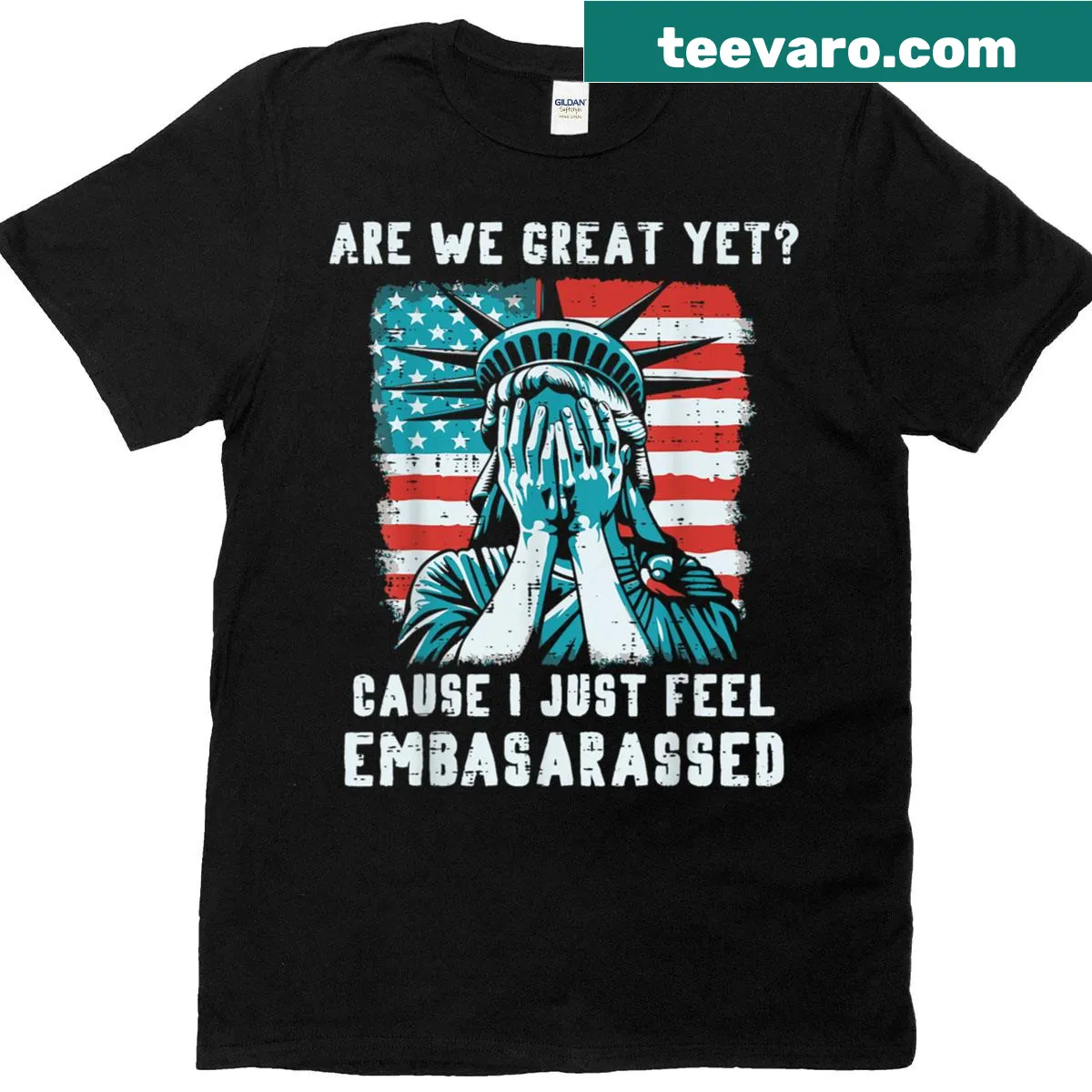 Sarcastic t-shirt with Statue of Liberty design and protest message — on a men's t-shirt