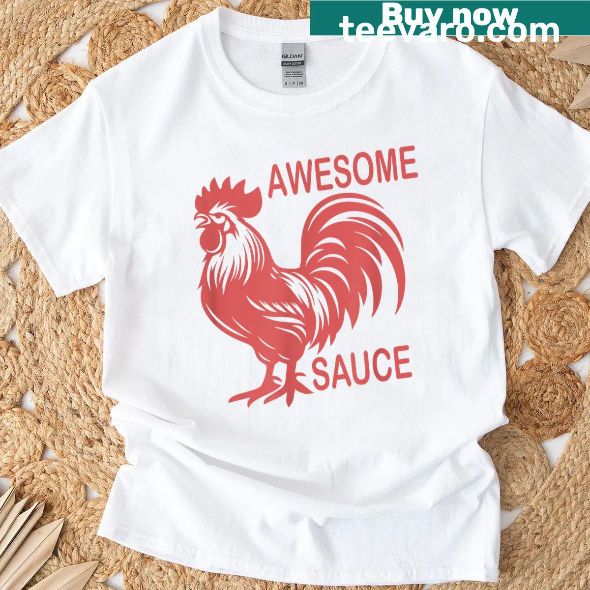 Cartoon rooster graphic with 'awesome sauce' text — on a men's t-shirt