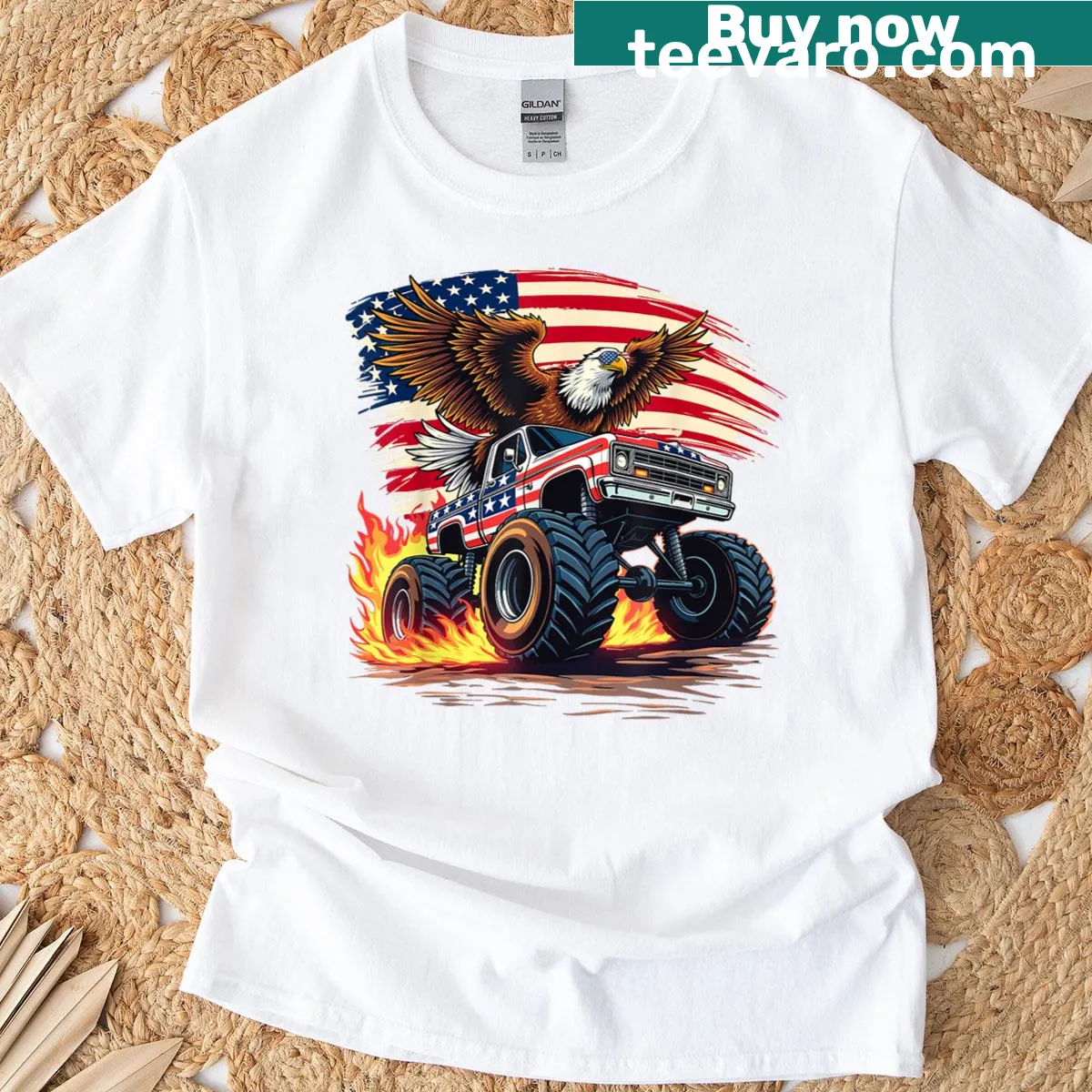 Bald eagle on a monster truck with the USA flag — on a men's t-shirt
