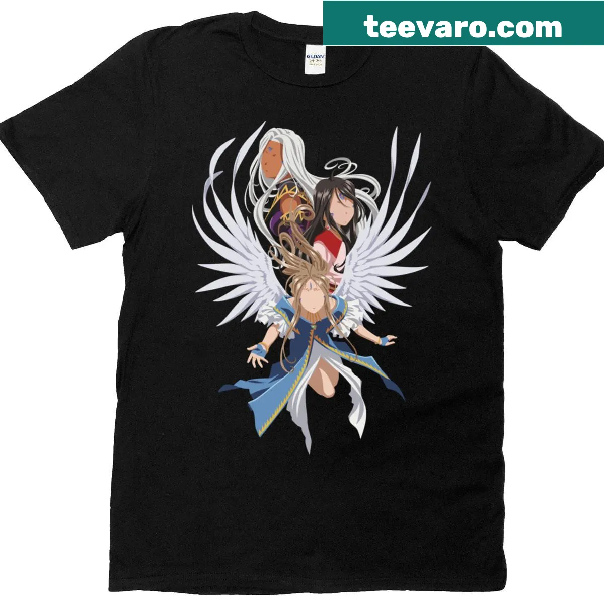 Illustrated shirt featuring Belldandy, Urd, and Skuld from Ah Megami-sama — on a men's t-shirt
