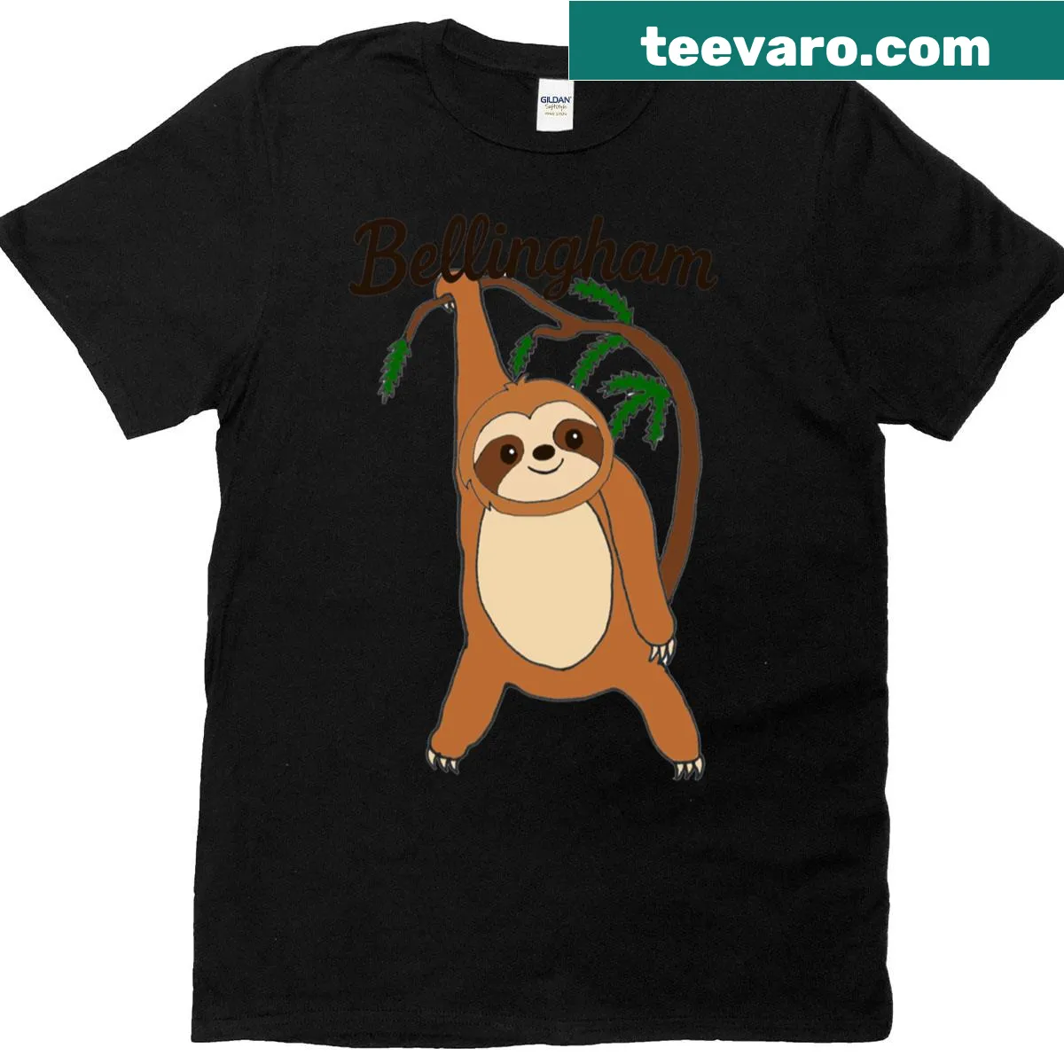 Adorable sloth hanging from a tree on oversized T-shirt. — on a men's t-shirt