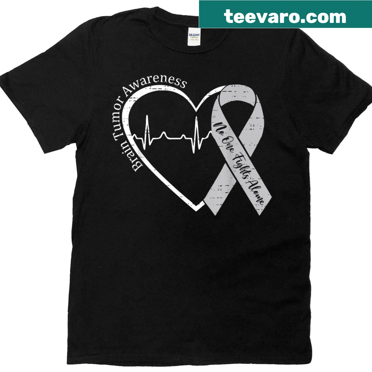 T-shirt with heart and gray ribbon graphic for brain tumor awareness. — on a men's t-shirt