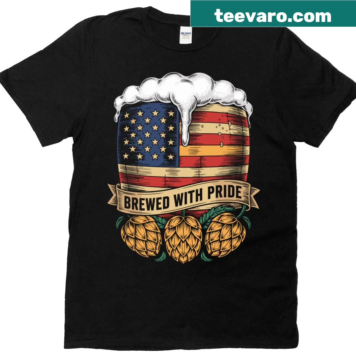 T-shirt with American flag and brewery theme — on a men's t-shirt