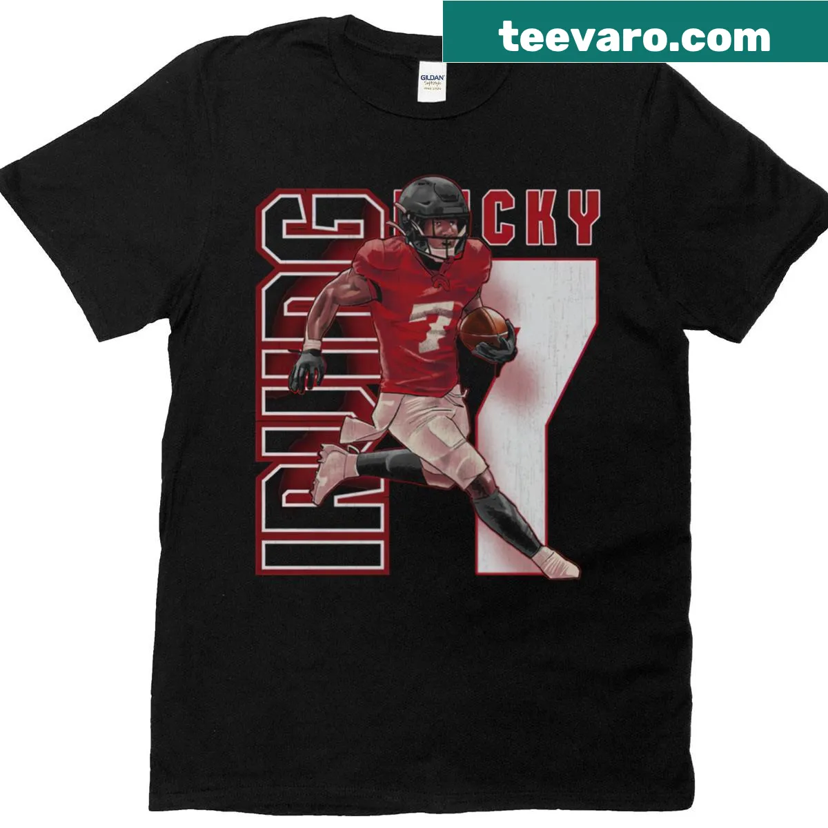 Vertical design T-shirt with 'Bucky Irving Tampa Bay' text — on a men's t-shirt