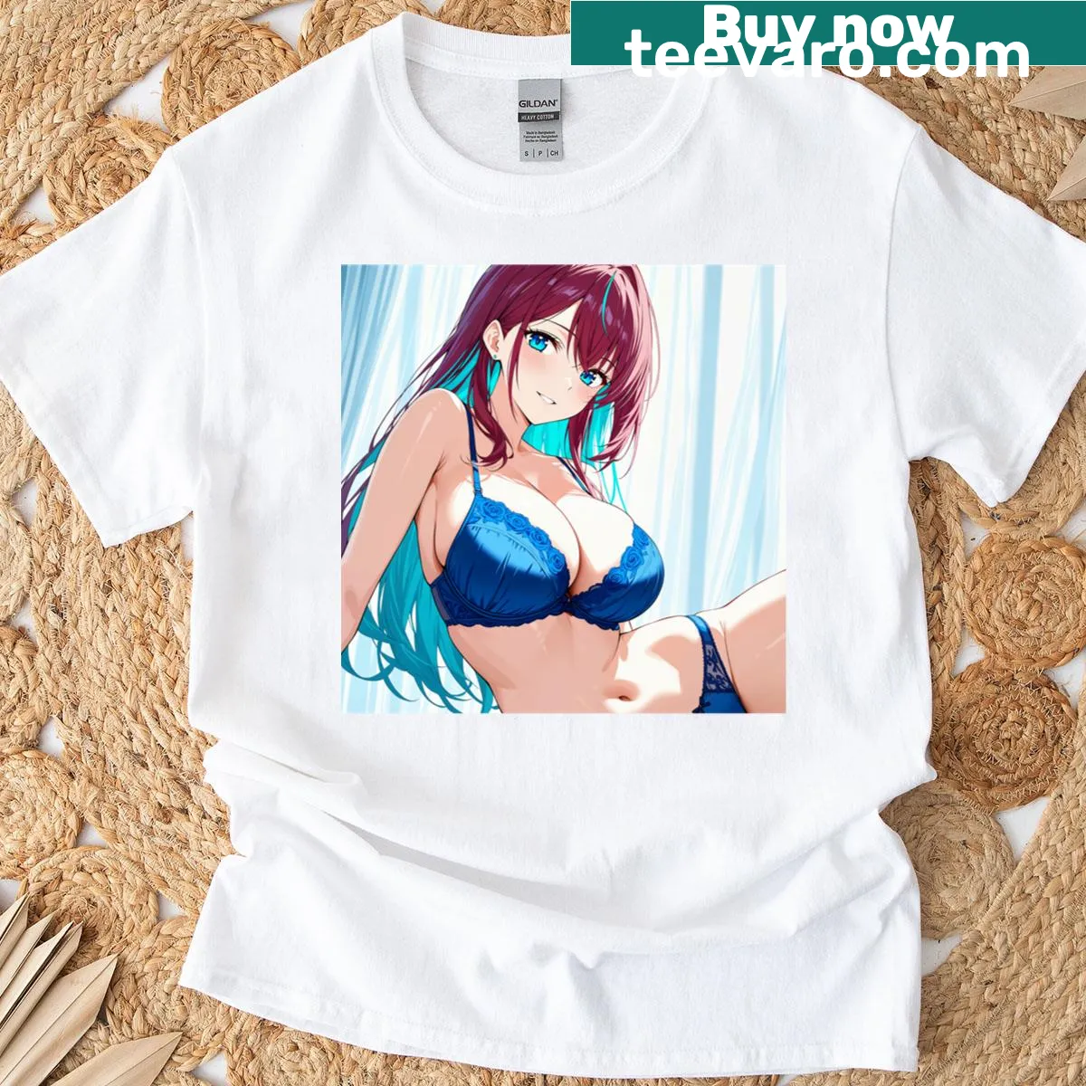 Anime-inspired T-shirt featuring a bold illustration of a busty character — on a men's t-shirt