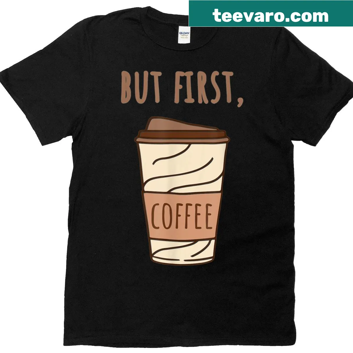 Funny coffee-themed t-shirt with the phrase 'But First Coffee' prominently displayed — on a men's t-shirt