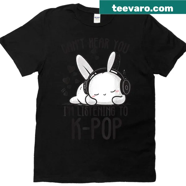 Cute rabbit graphic with text about listening to K-pop