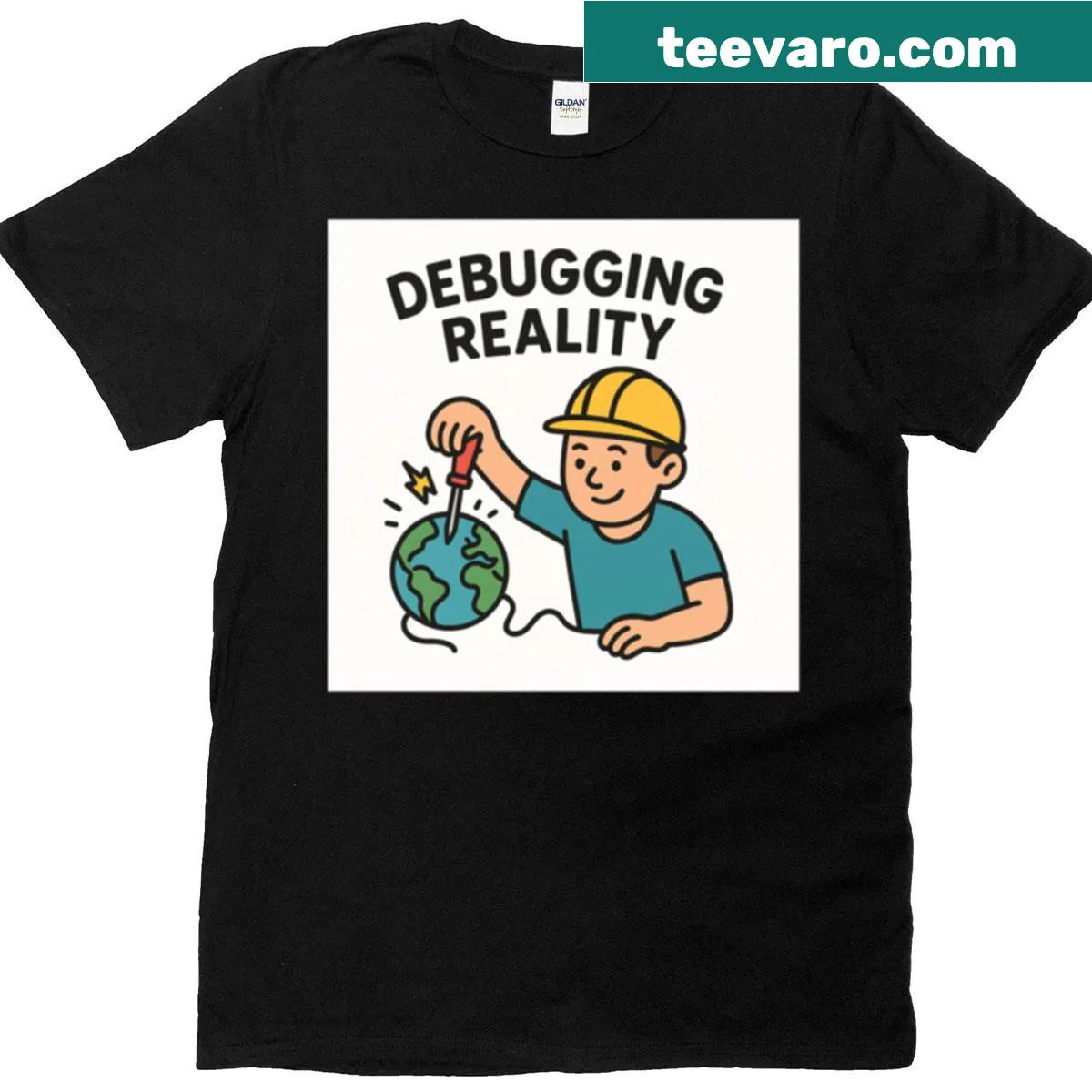 Funny cartoon engineer meme on an oversized T-shirt — on a men's t-shirt