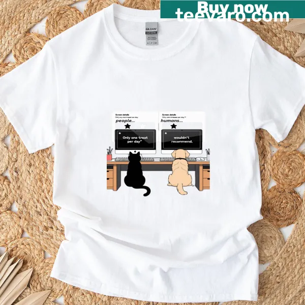 Funny t-shirt depicting a cat and dog leaving 1-star reviews