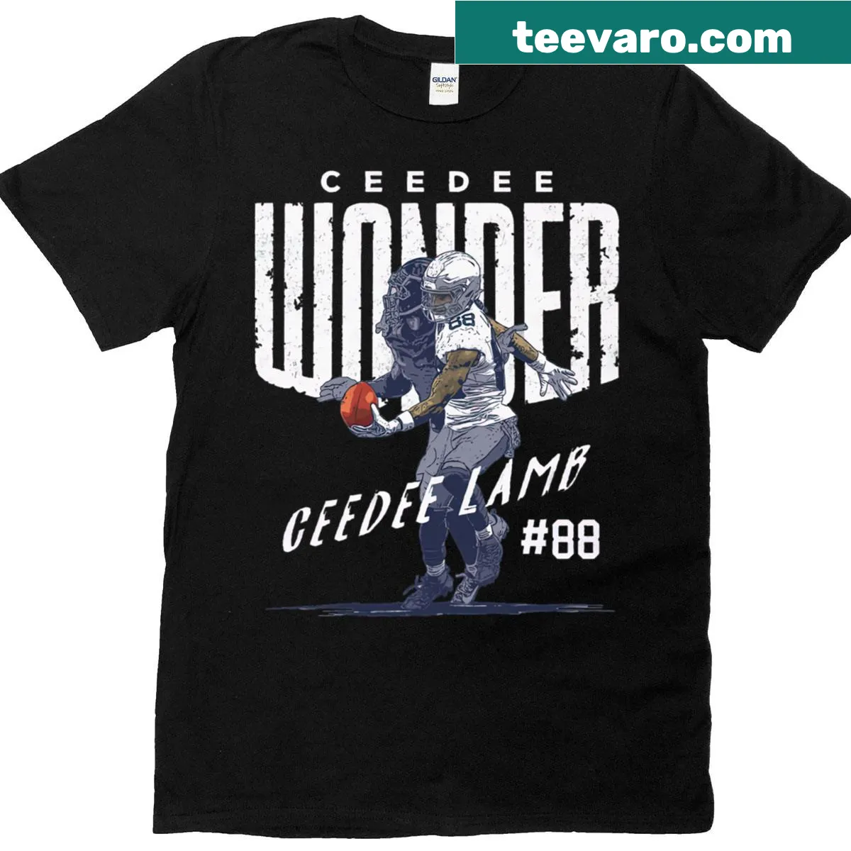 T-shirt featuring a bold illustration of Ceedee Lamb — on a men's t-shirt