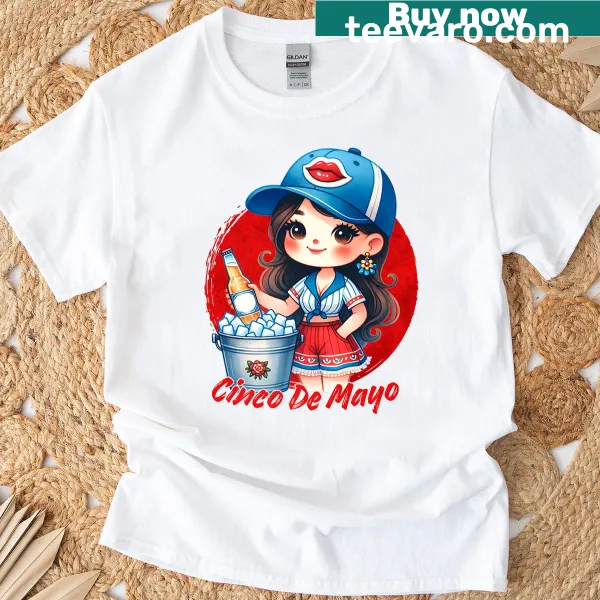 T-shirt celebrating Cinco de Mayo with an illustration of a girl enjoying beer