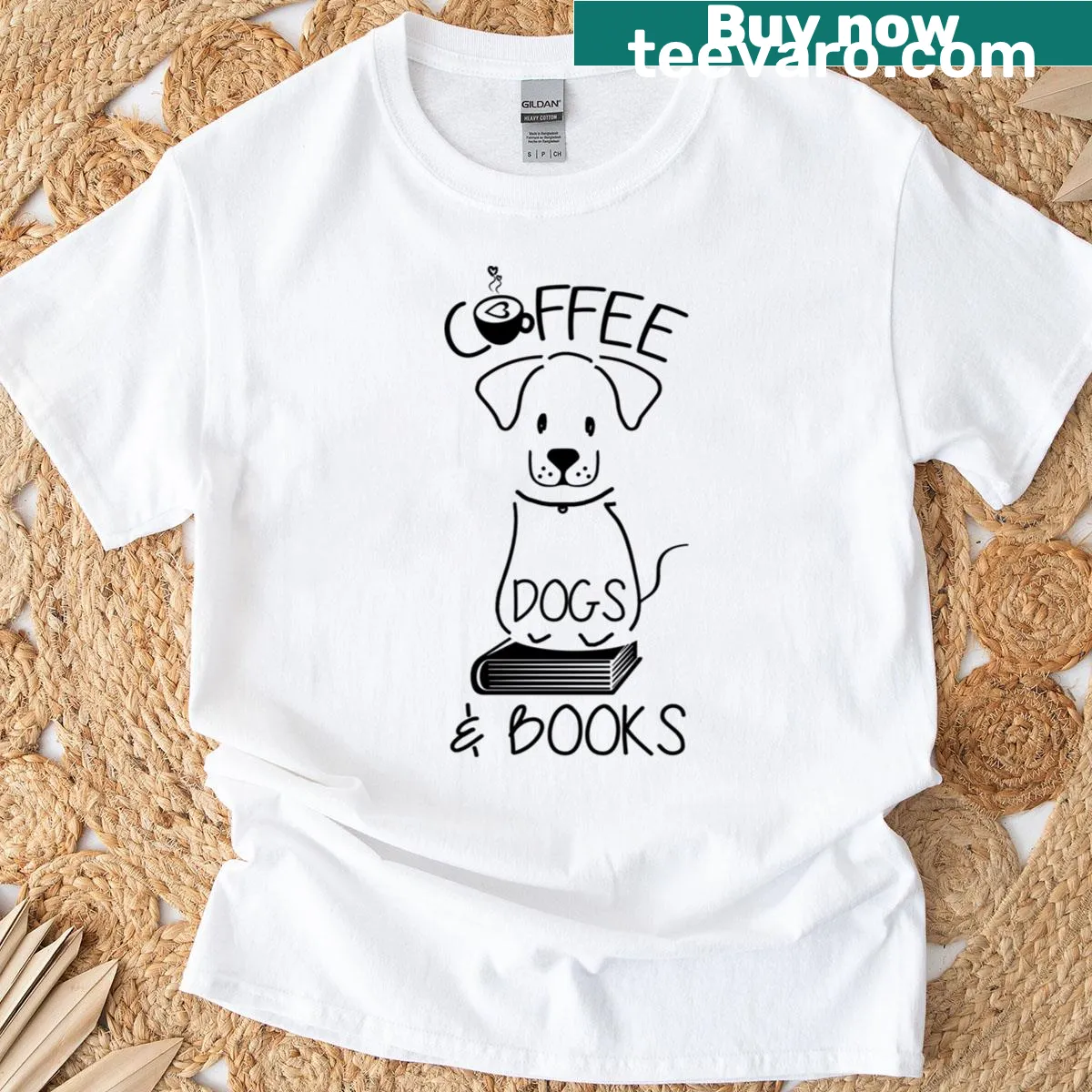 Typographic coffee, dogs, and books t-shirt — on a men's t-shirt