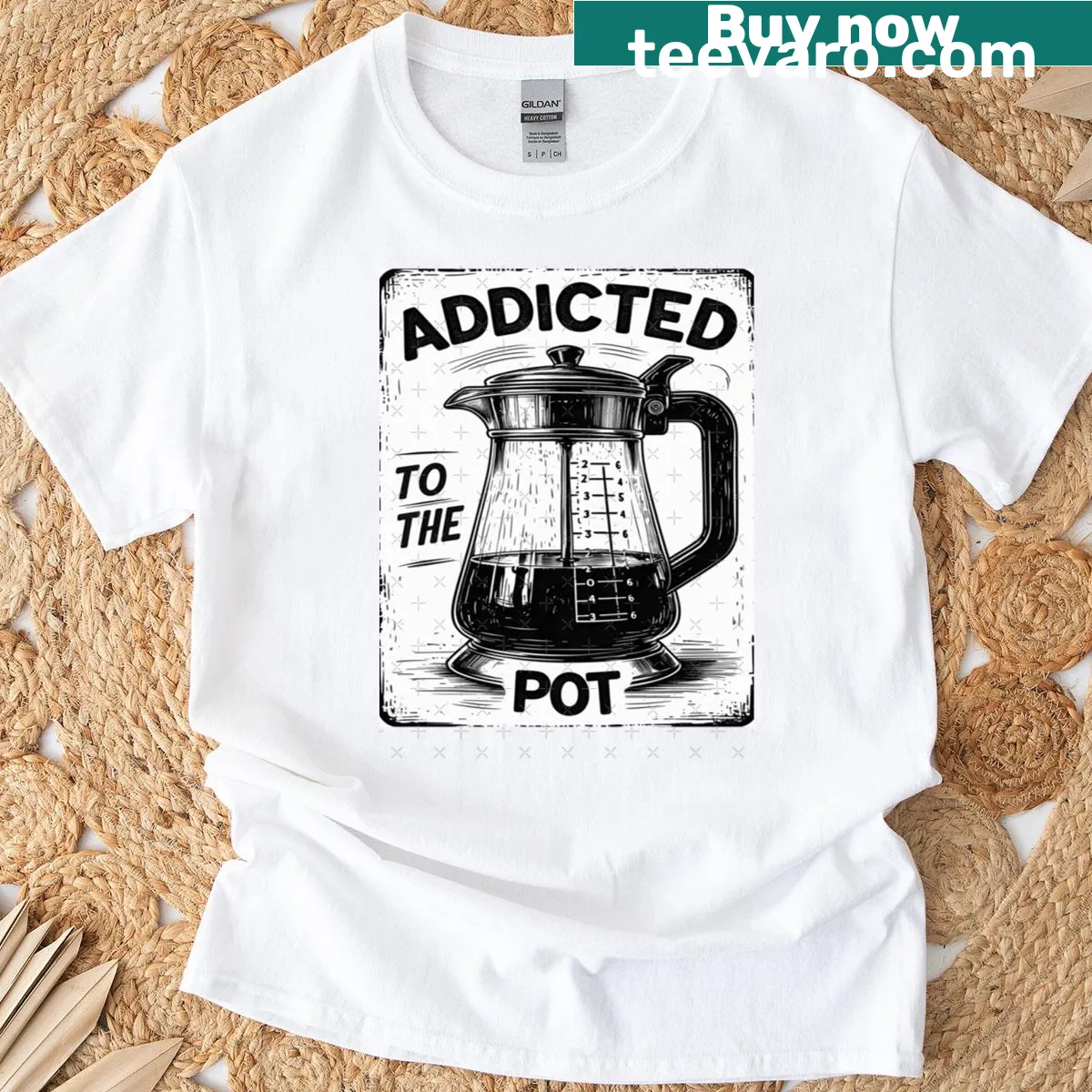 Vintage humor graphic about coffee addiction on t-shirt — on a men's t-shirt