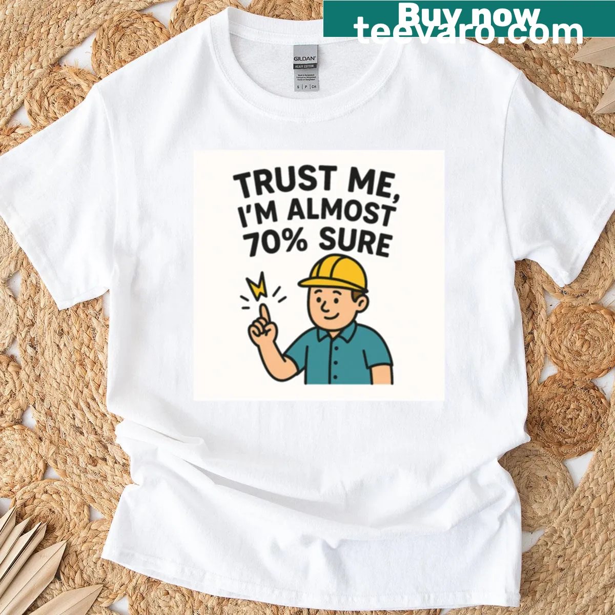 Cartoon T-shirt with confident engineer and motivational text — on a men's t-shirt