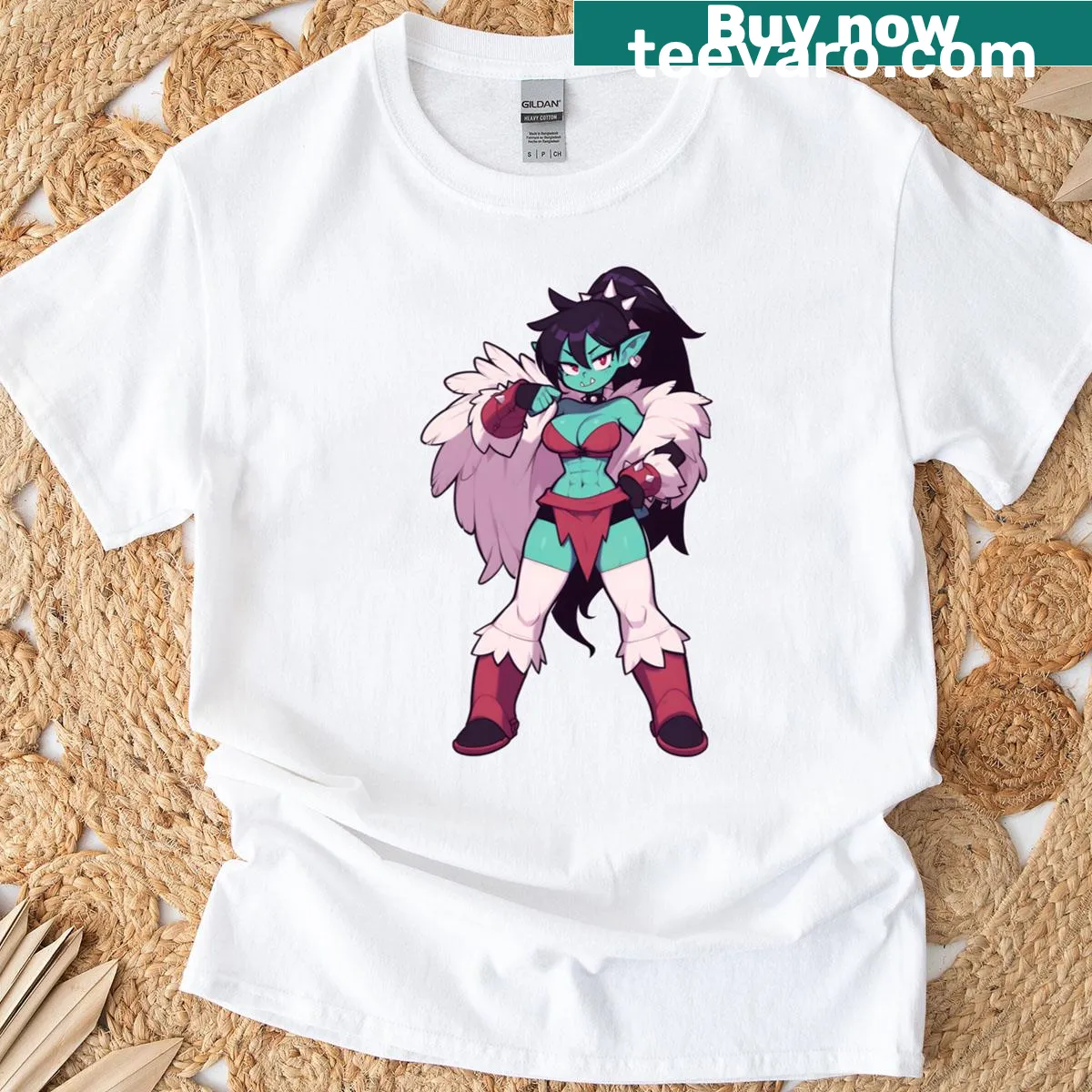 Illustration of a confident female orc fighter on t-shirt — on a men's t-shirt