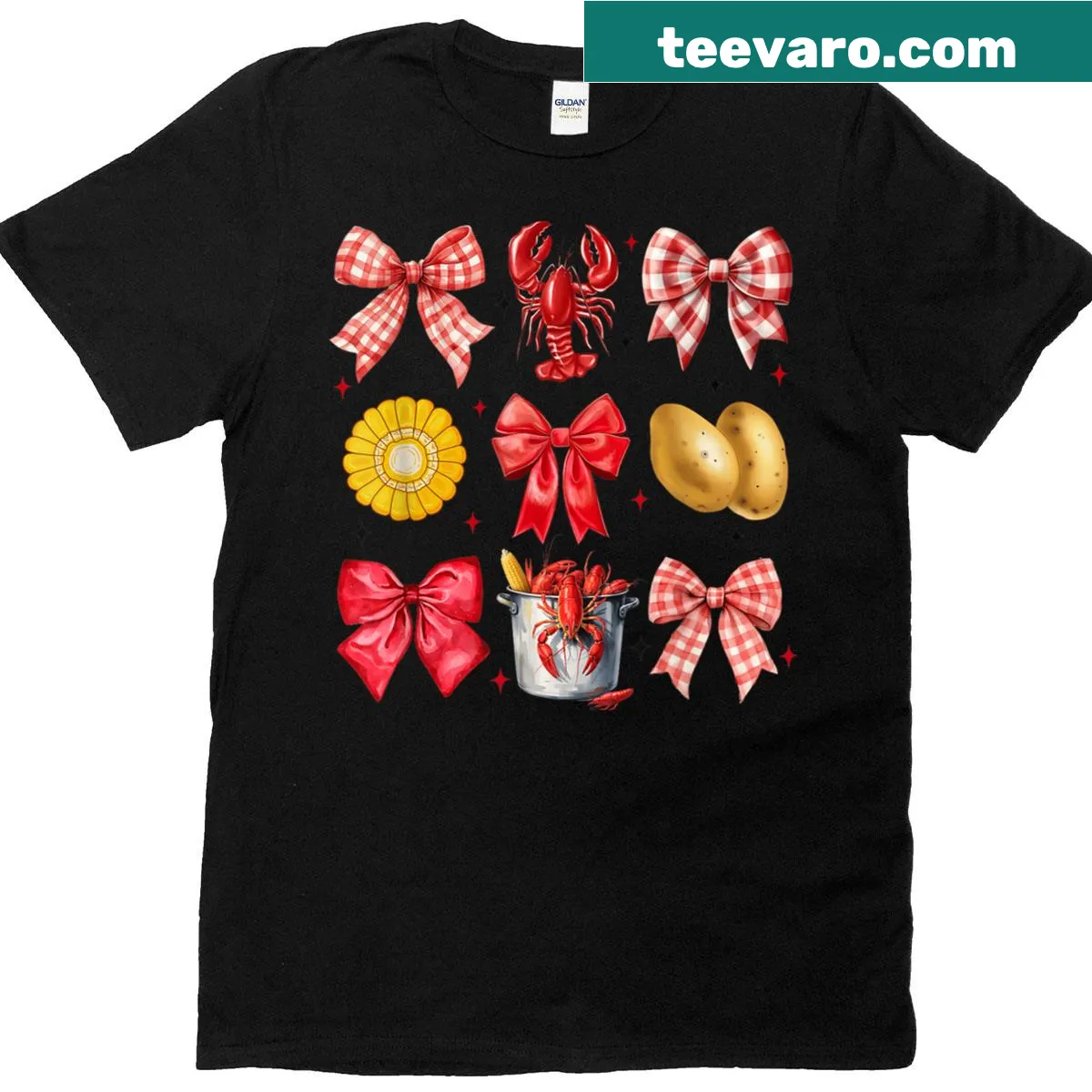 Funny crawfish boil T-shirt with coquette bow illustration — on a men's t-shirt