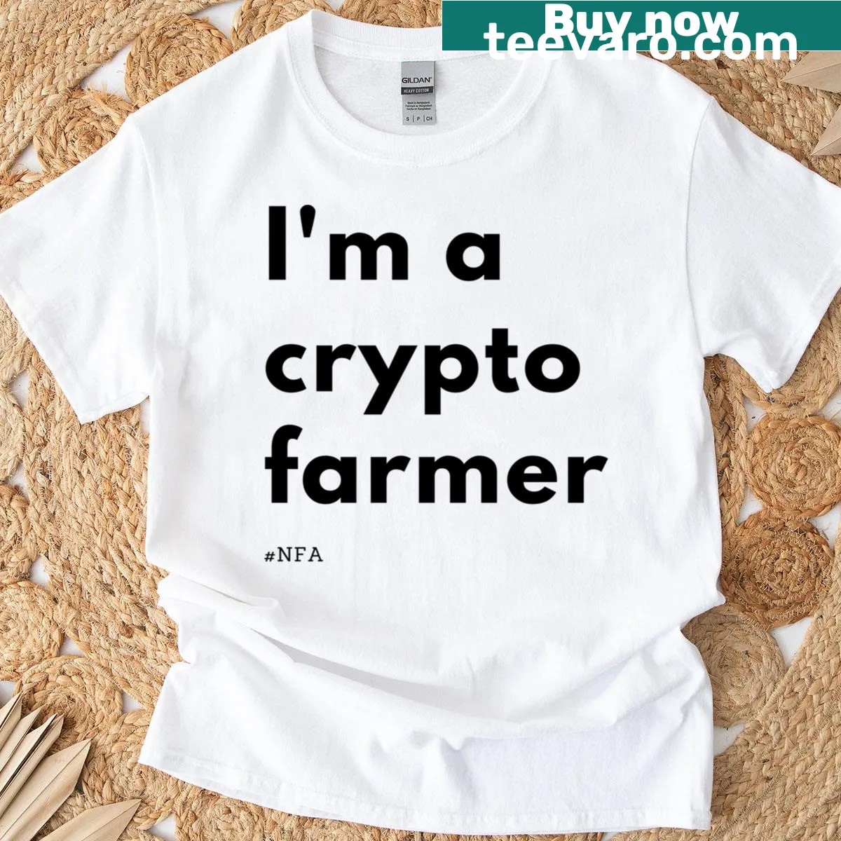 Crypto farming themed T-shirt with playful graphics — on a men's t-shirt