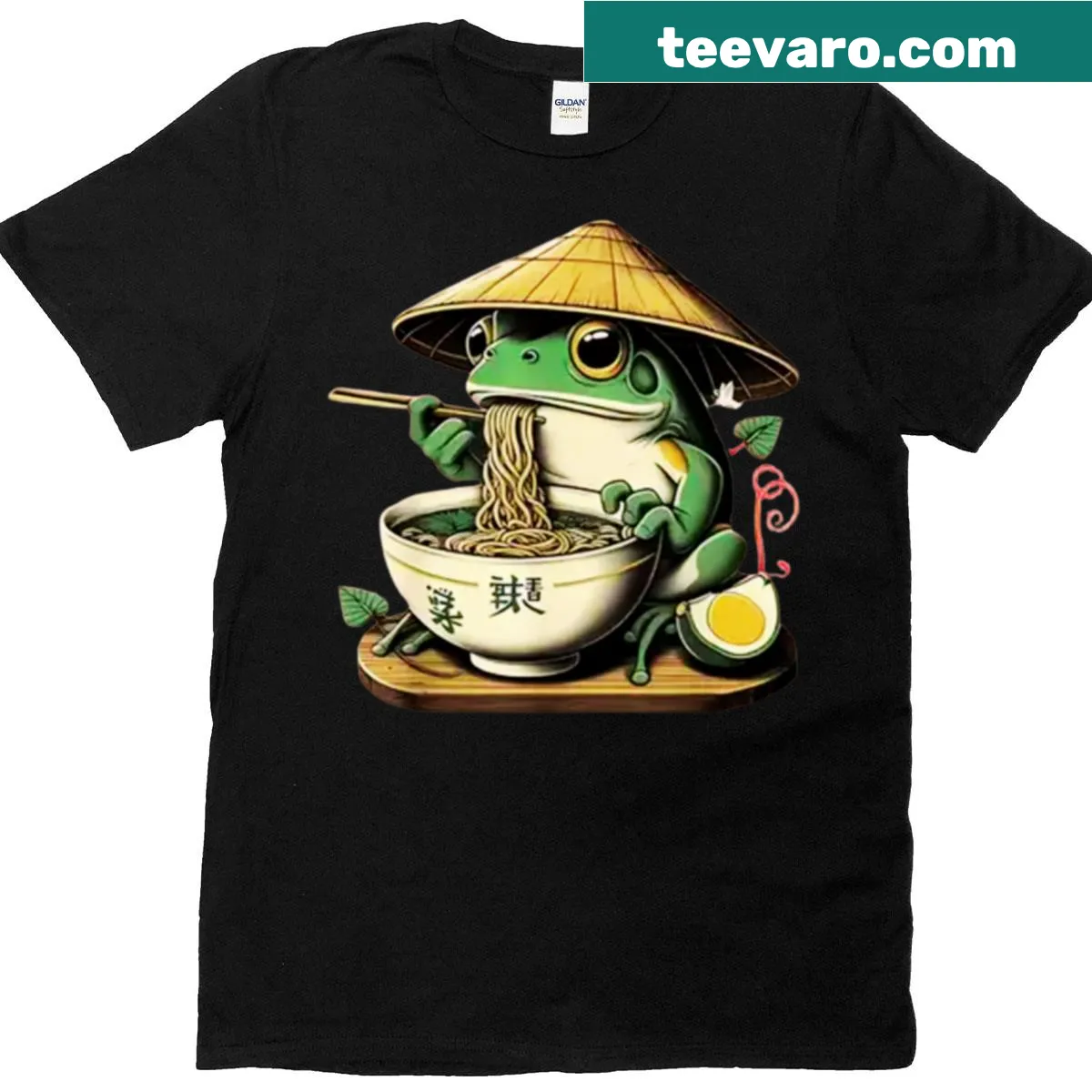 Kawaii frog enjoying ramen graphic — on a men's t-shirt