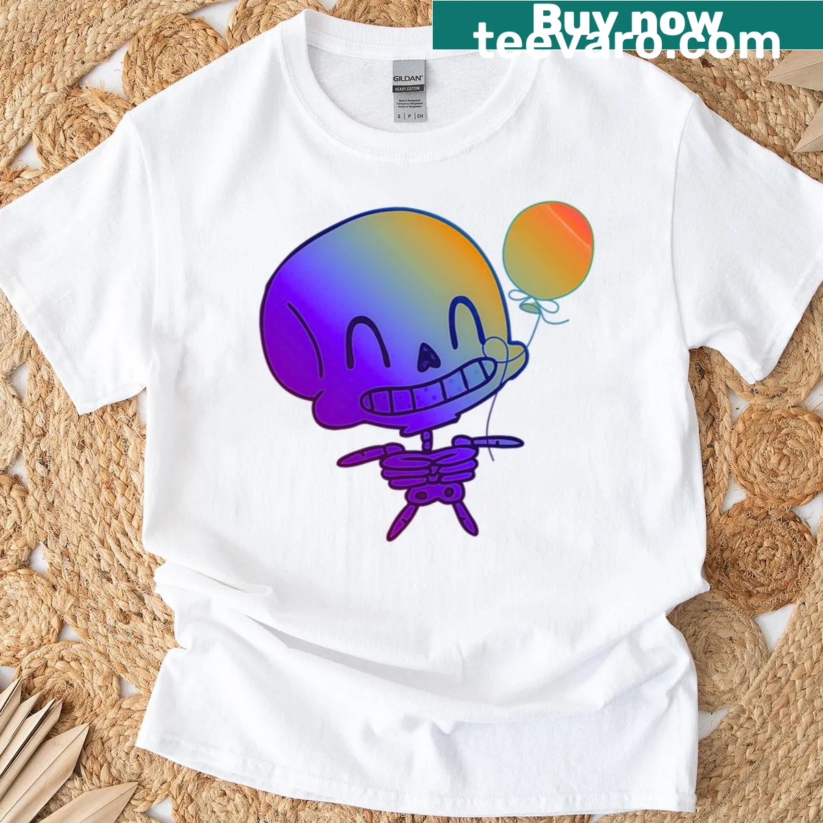 Kawaii skeleton design with a skull holding a balloon — on a men's t-shirt