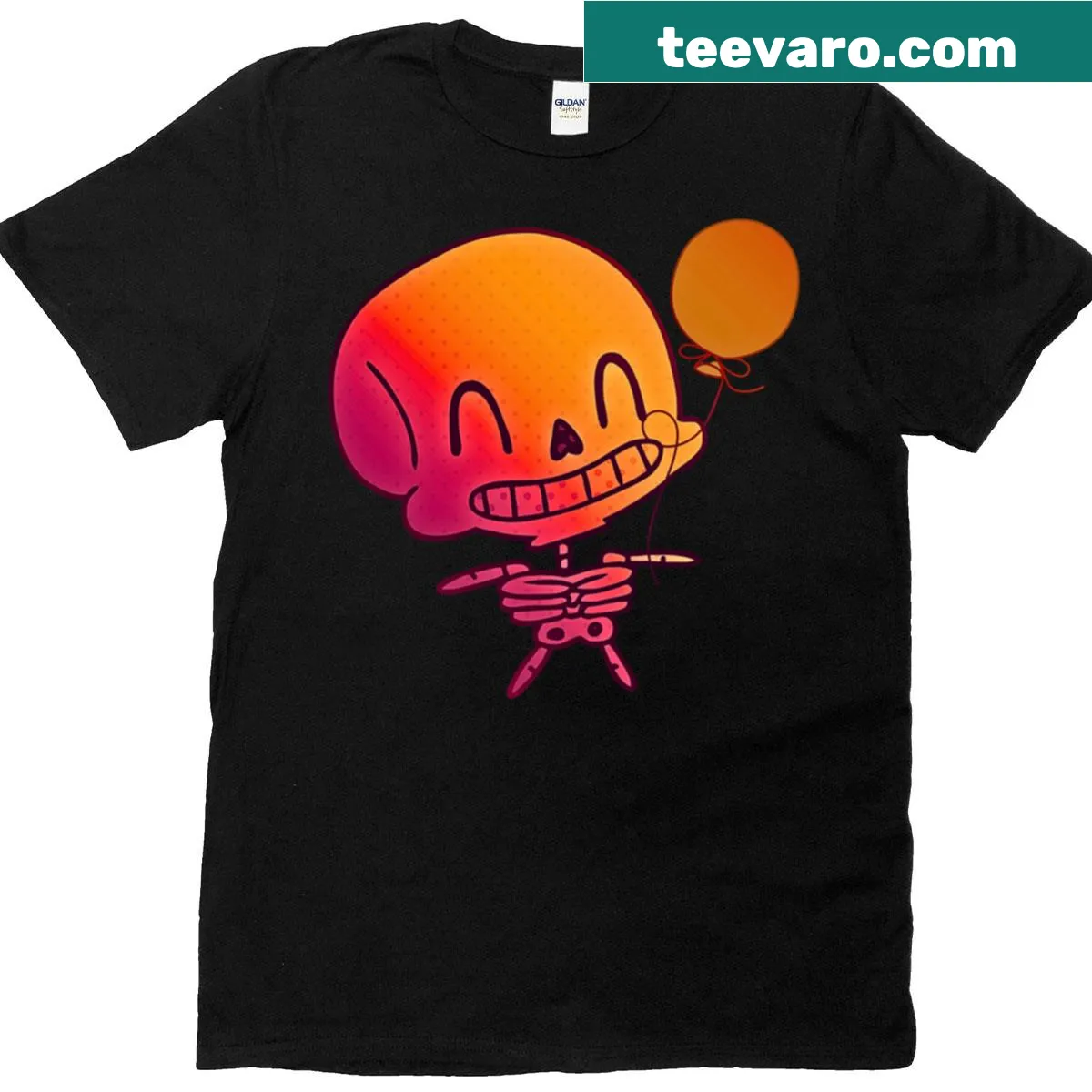 Kawaii skeleton t-shirt with a cute design of a skull holding a balloon — on a men's t-shirt