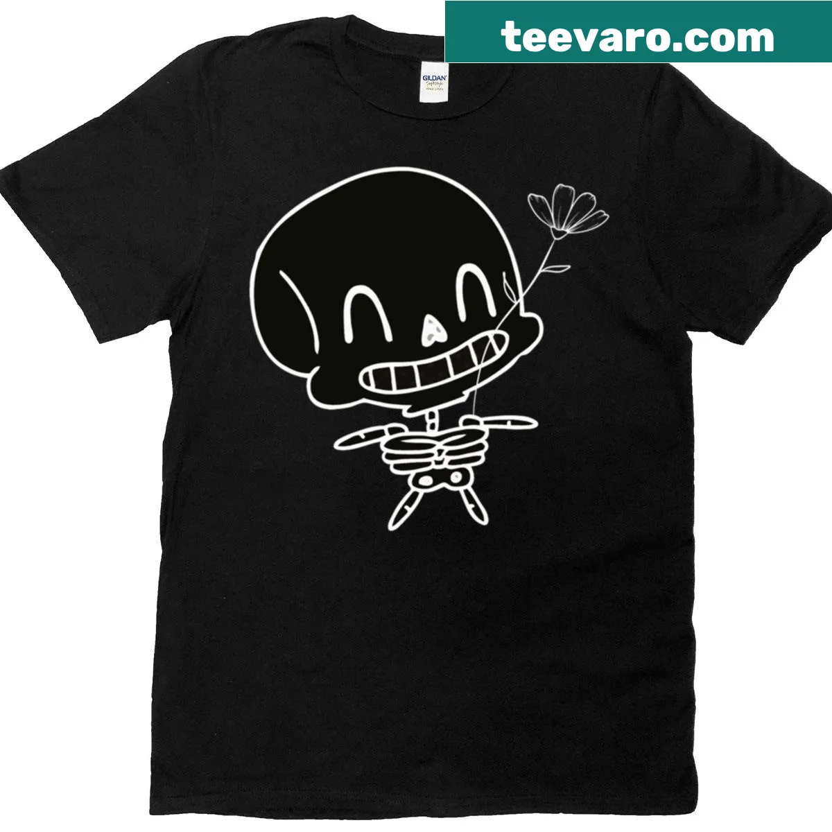 Kawaii-style T-shirt with cute skeleton holding a flower — on a men's t-shirt