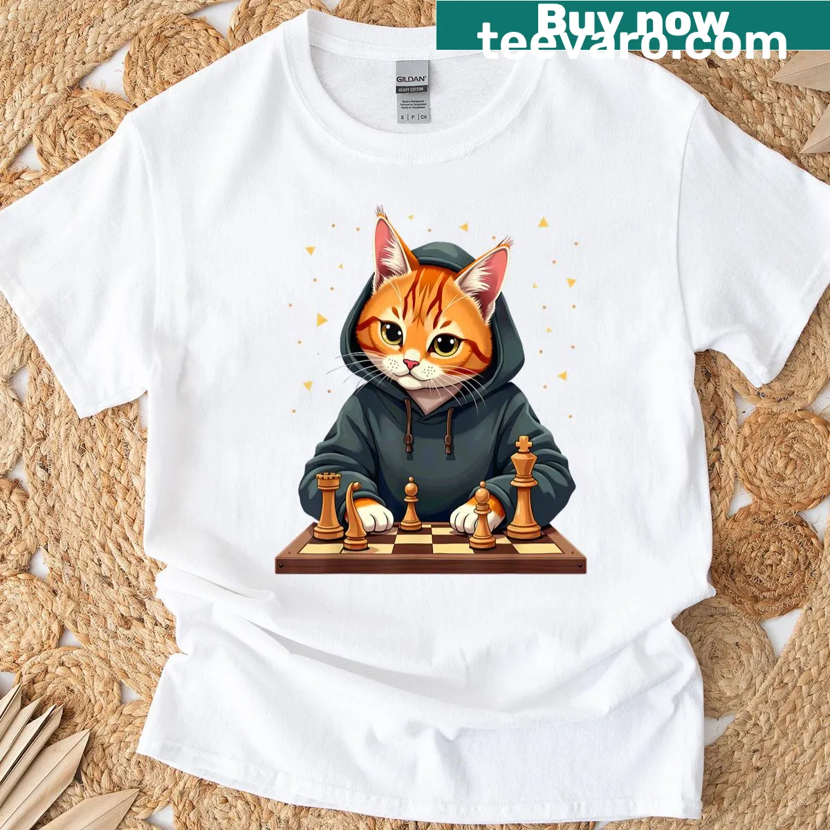 Cute tabby cat playing chess T-shirt featuring a whimsical design — on a men's t-shirt