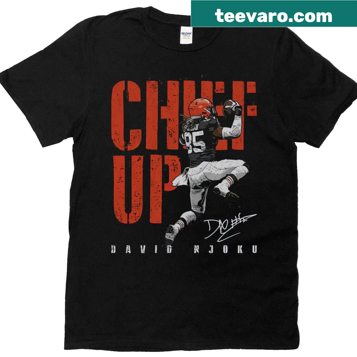 Cleveland Chief Up T-shirt featuring David Njoku motivational text — on a men's t-shirt