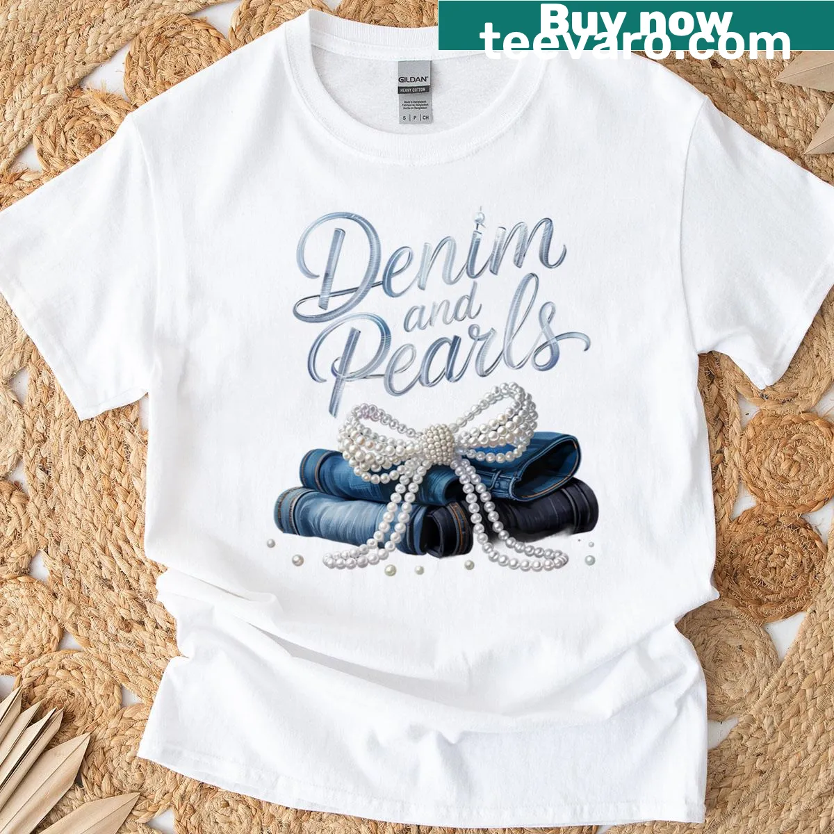 Stylish T-shirt featuring denim and pearls theme — on a men's t-shirt