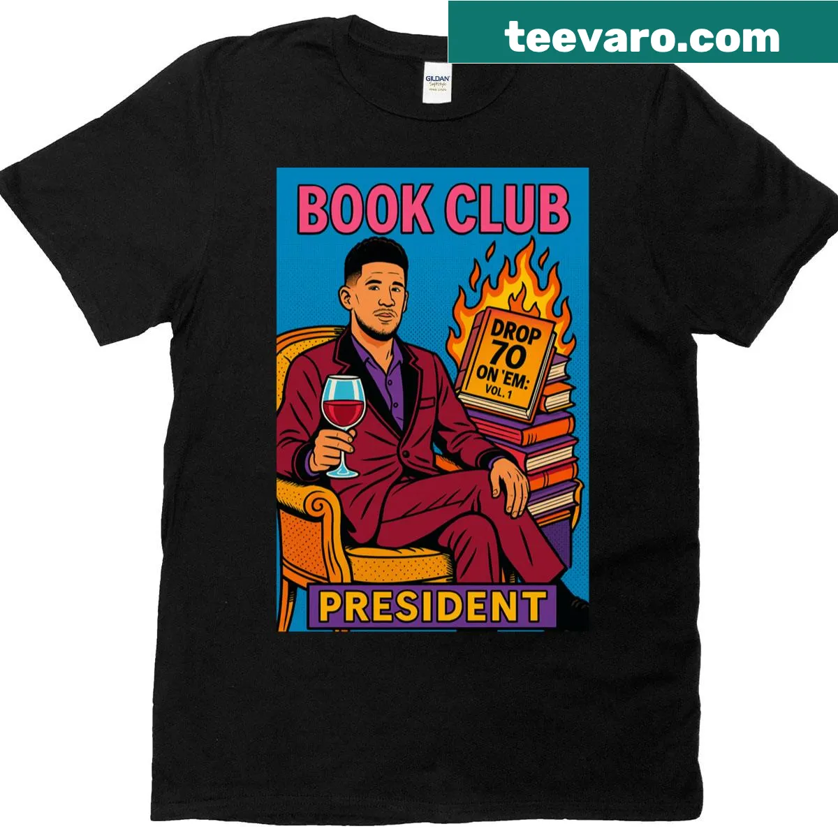 Oversized Book Club President T-shirt featuring Devin Booker illustration — on a men's t-shirt