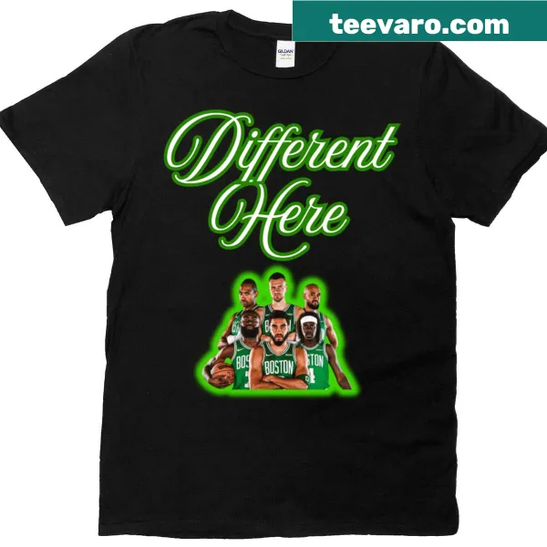 Celtics T-shirt featuring 'Different Here' playful typography