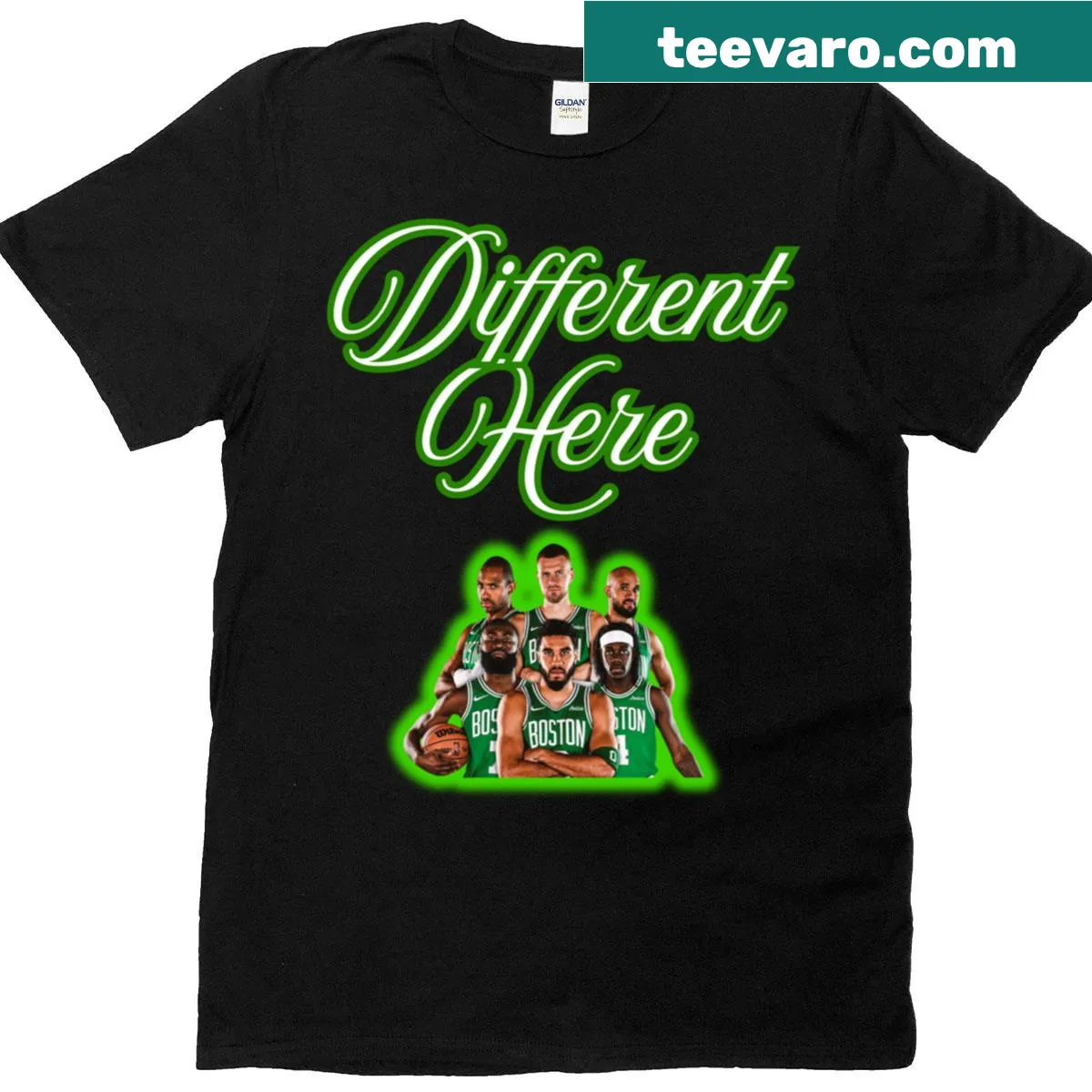 Celtics T-shirt featuring 'Different Here' playful typography — on a men's t-shirt