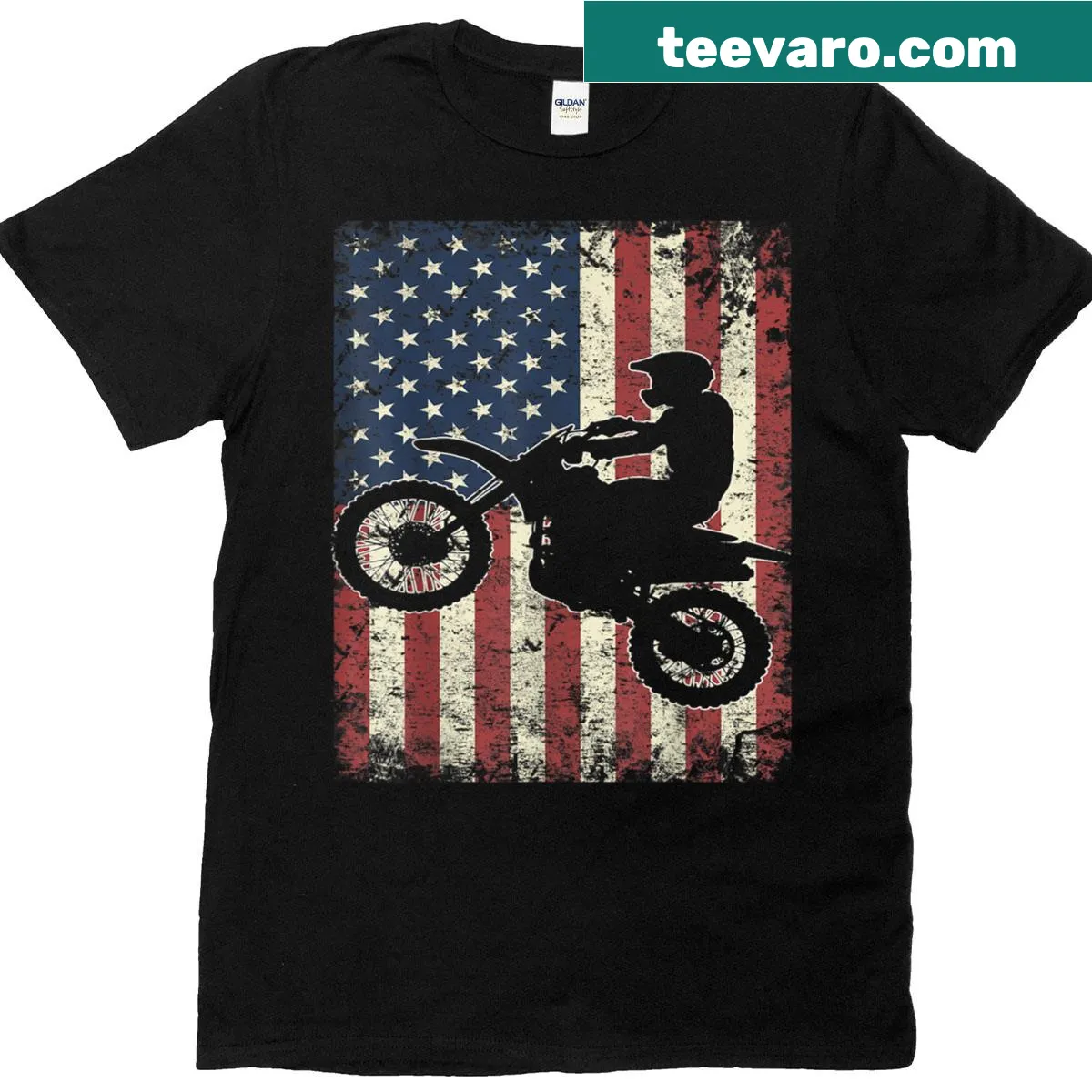 Vintage-style T-shirt featuring dirt bike and American flag — on a men's t-shirt