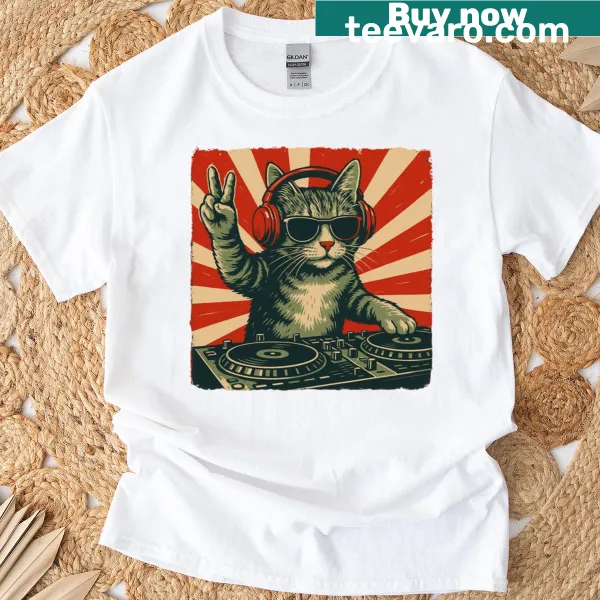 Cartoon cat DJ with headphones on a humorous T-shirt design