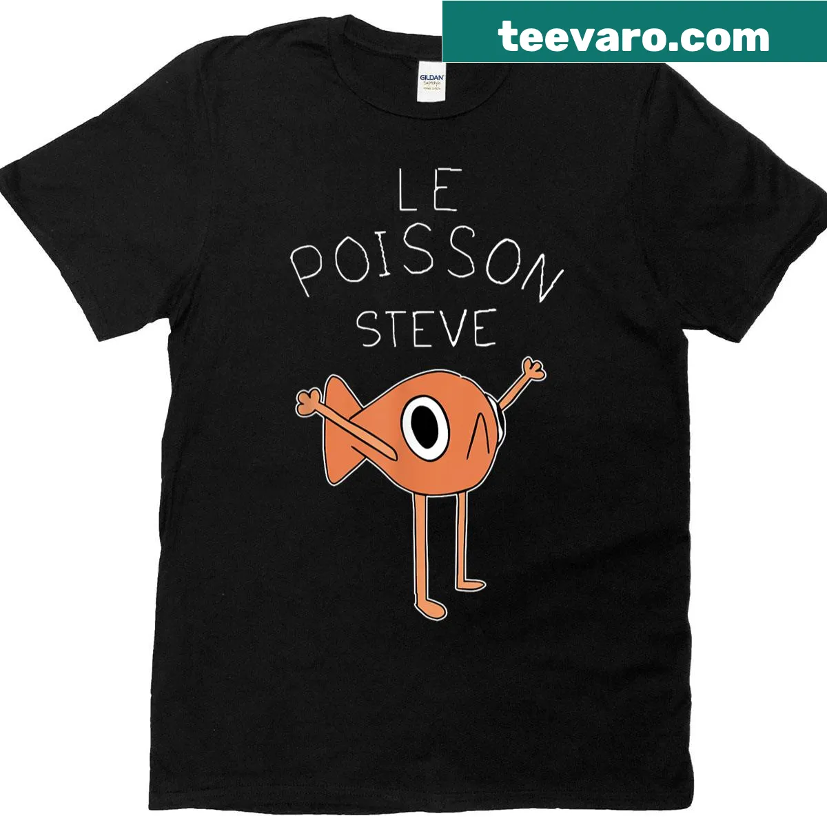 Cartoon T-shirt featuring Le Poisson Steve fish character — on a men's t-shirt