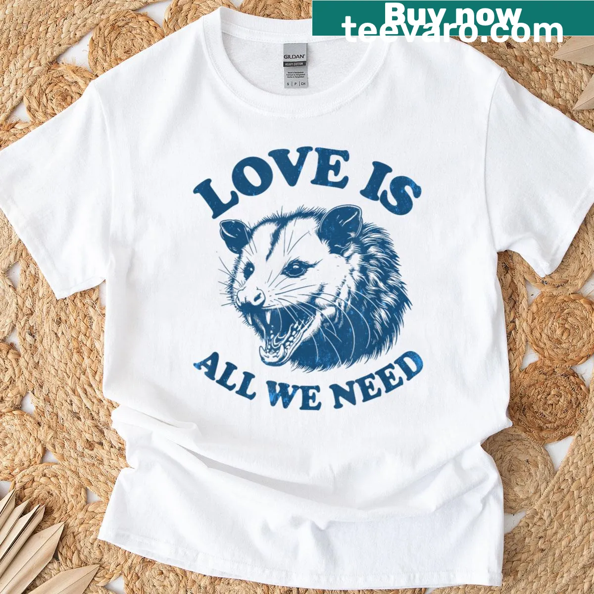 Sarcastic shirt with 'Possum Love Is All We Need' text — on a men's t-shirt