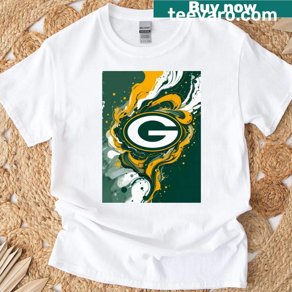 Green Bay Packers abstract football art t-shirt — on a men's t-shirt