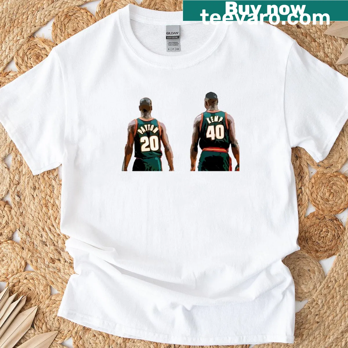 Graphic tee featuring silhouettes of Gary Payton and Shawn Kemp — on a men's t-shirt