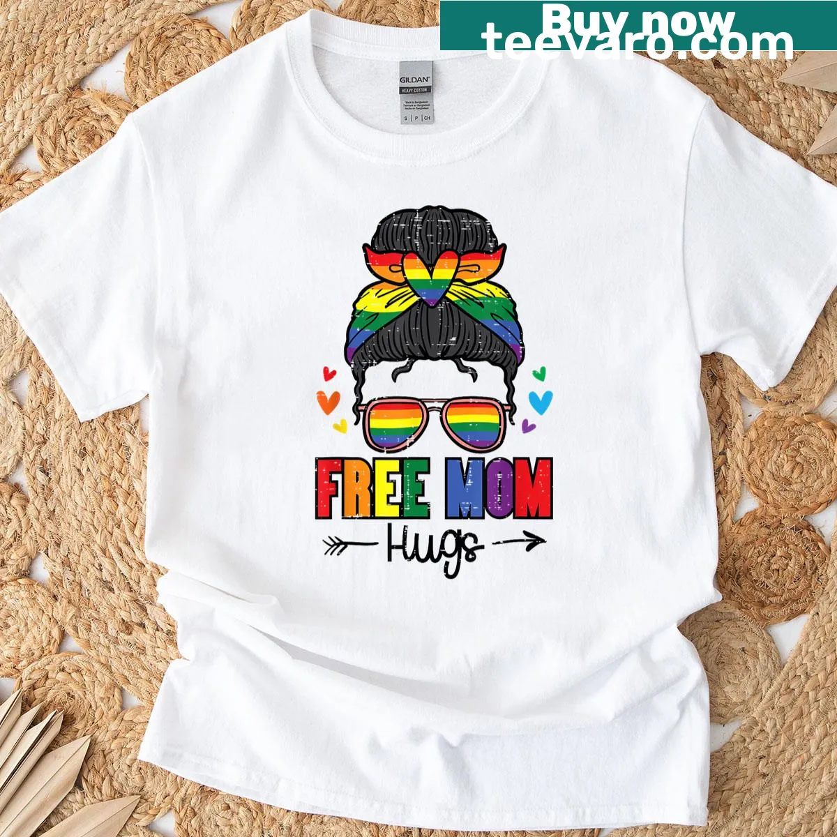 Rainbow-themed T-shirt with 'Free Mom Hugs' text design. — on a men's t-shirt