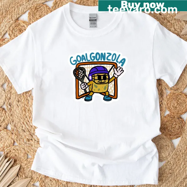 T-shirt featuring the humorous wordplay 'Goalgonzola' in fun typography