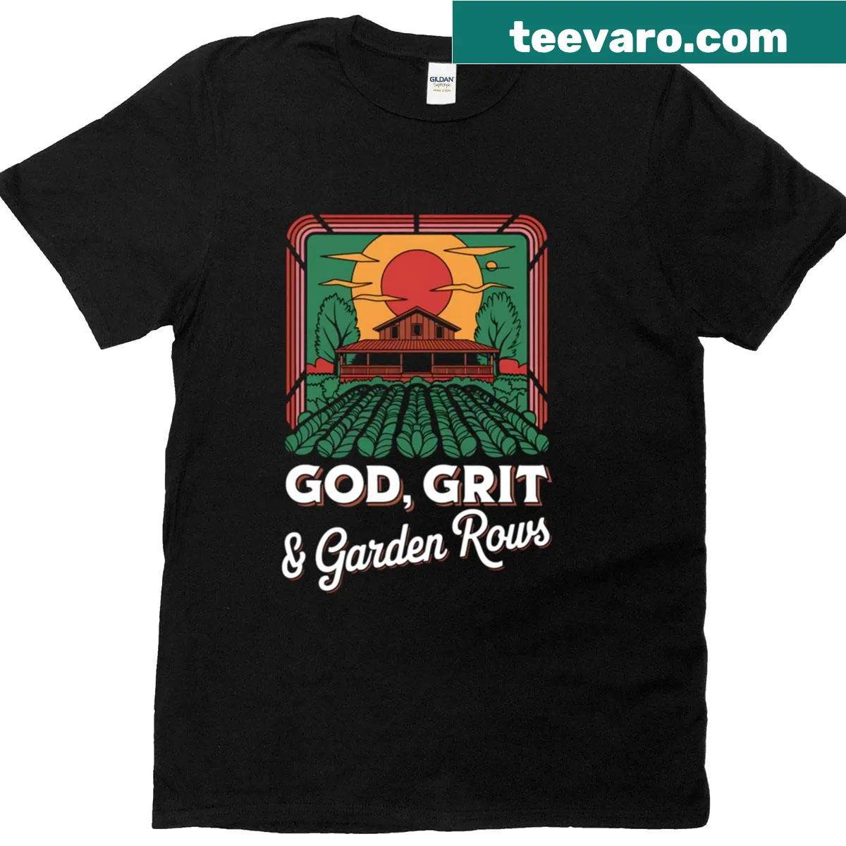 T-shirt featuring the phrase 'God Grit Amp Garden Rows' for gardening enthusiasts. — on a men's t-shirt