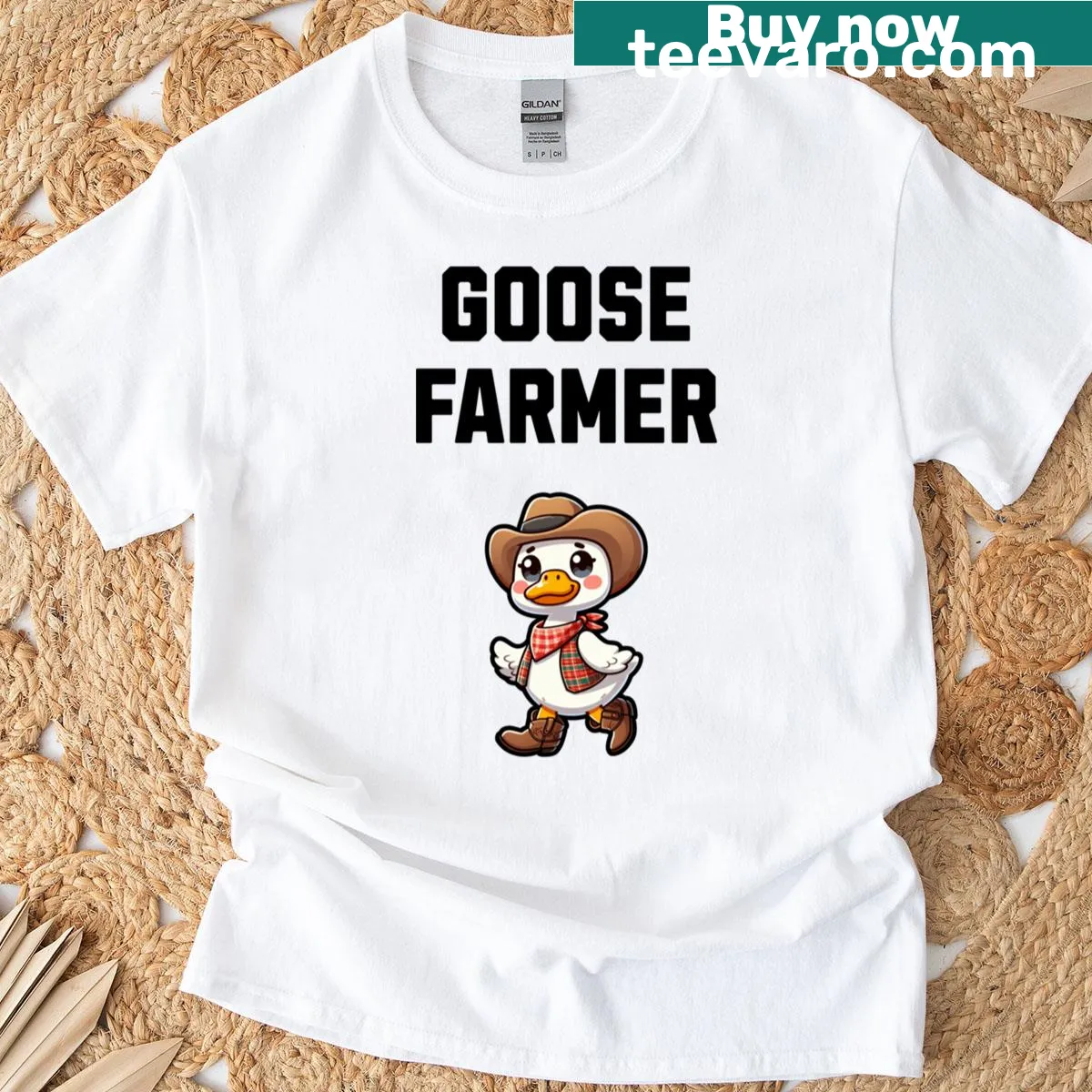 Cute goose illustration on a farmer-themed T-shirt — on a men's t-shirt