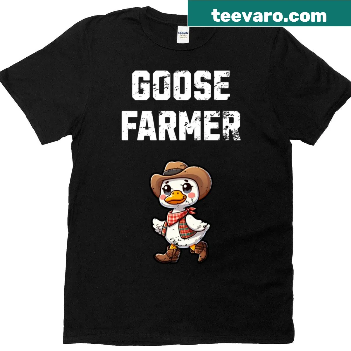 Cute vintage-style Goose Farmer T-shirt with playful goose graphic — on a men's t-shirt