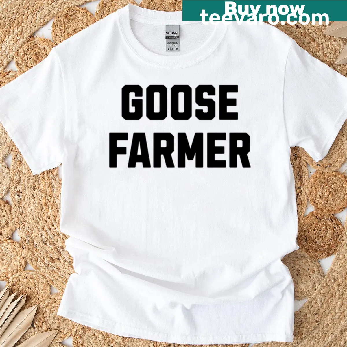 Whimsical goose illustration on a farm-themed t-shirt — on a men's t-shirt