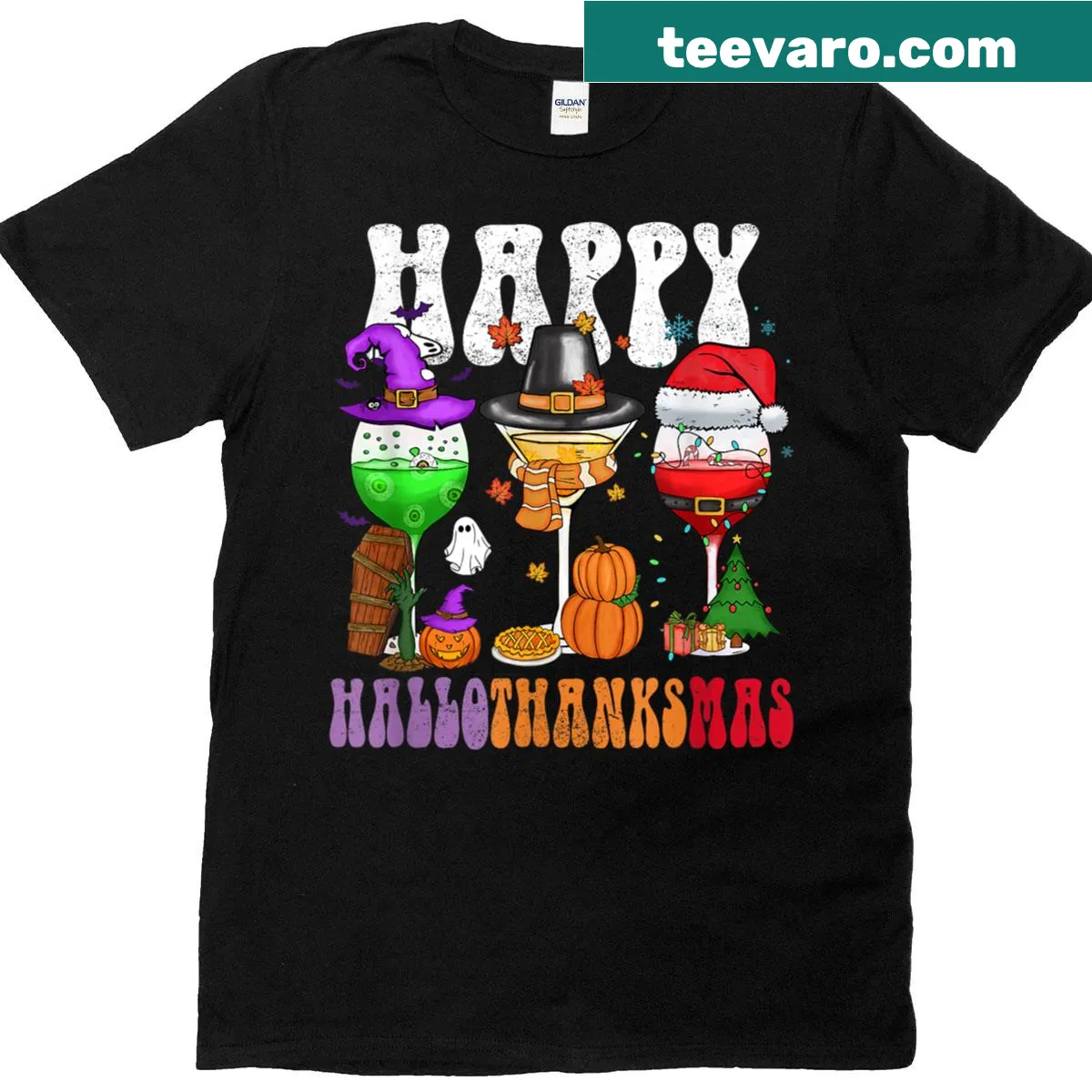 Festive Hallothanksmas t-shirt with playful holiday-themed typography — on a men's t-shirt