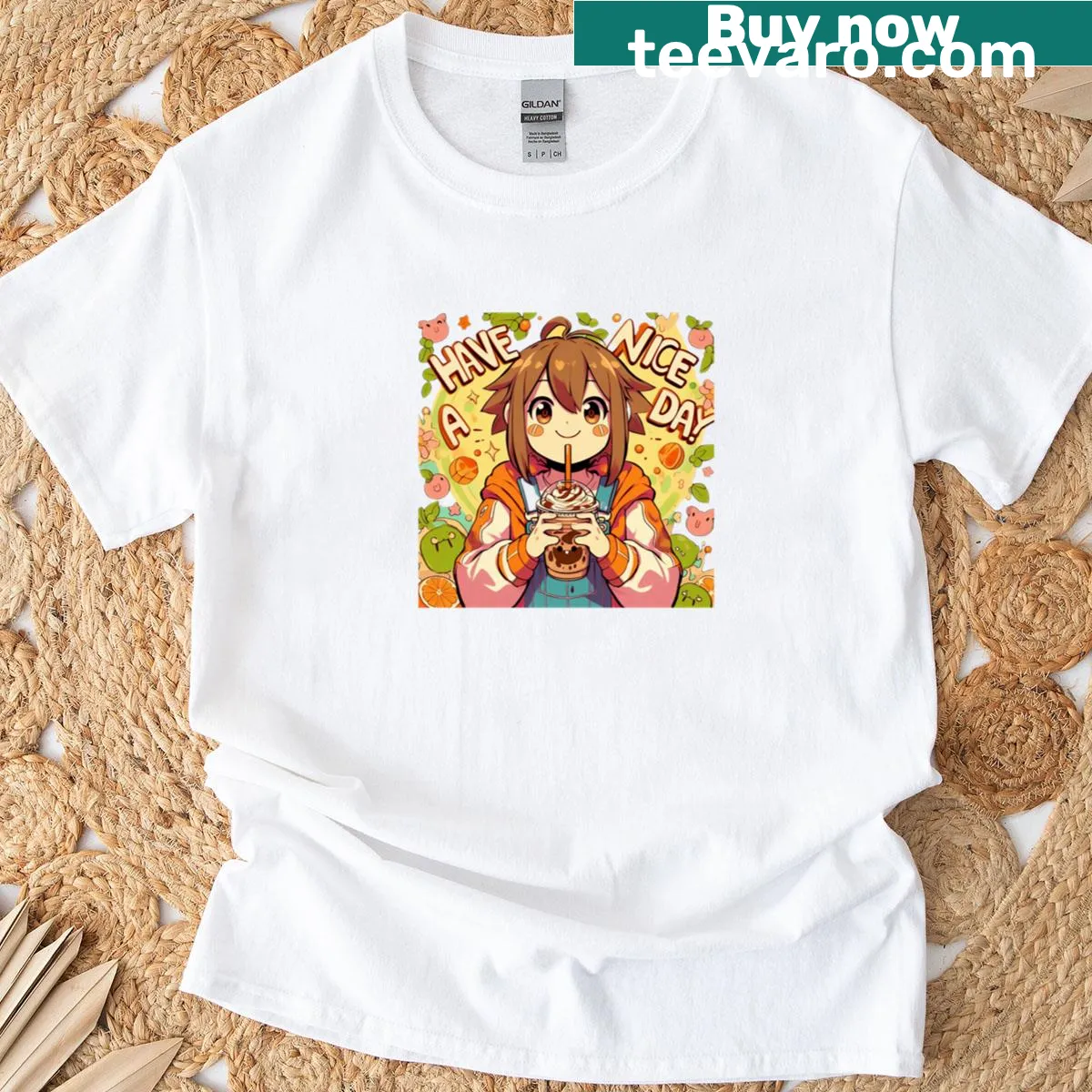 Anime character with 'Have A Nice Day' text on a t-shirt — on a men's t-shirt